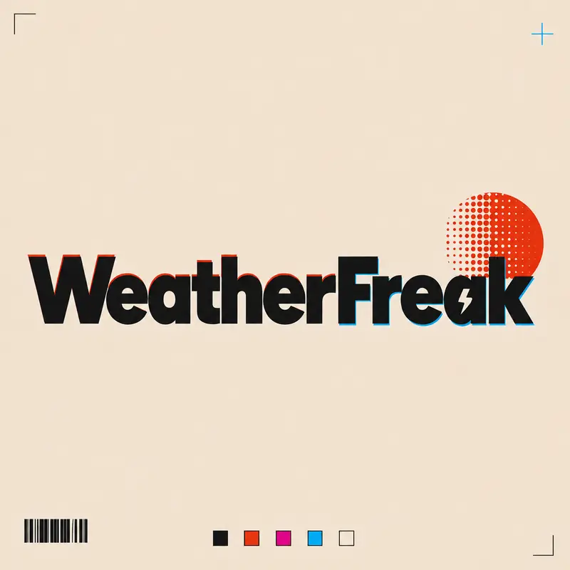 The WeatherFreak print proof: heavy black wordmark on cream with vermilion and cyan misregistration, crop marks, registration cross, barcode and five ink chips.