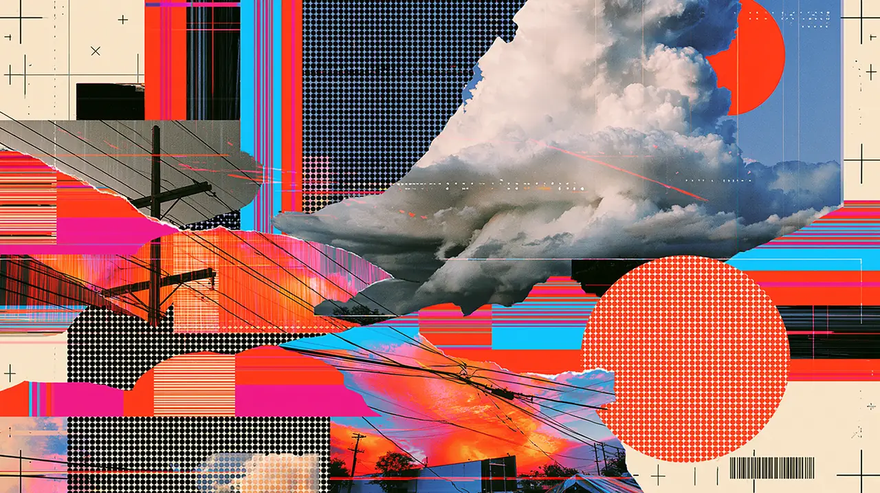 WeatherFreak collage: storm clouds, halftone dot fields and glitch stripe bands on cream paper